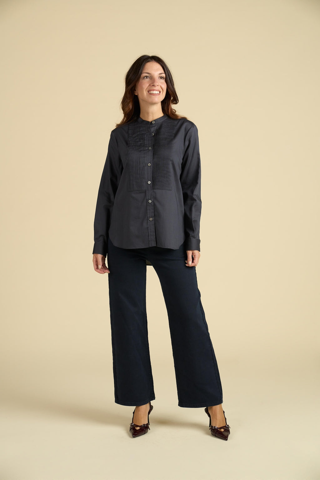 Camicia Chemisier con Plissé e Collo Coreana