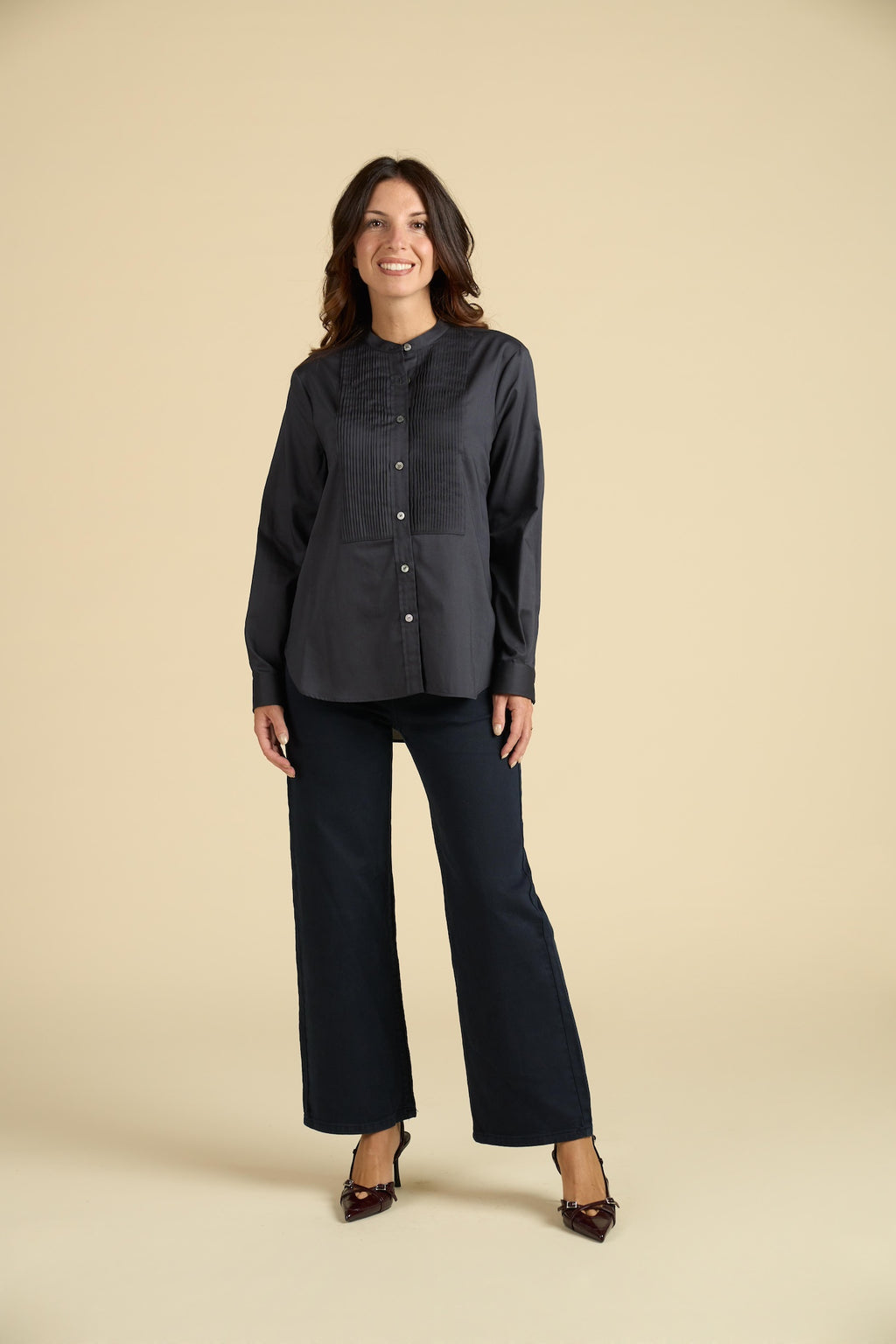 Camicia Chemisier con Plissé e Collo Coreana