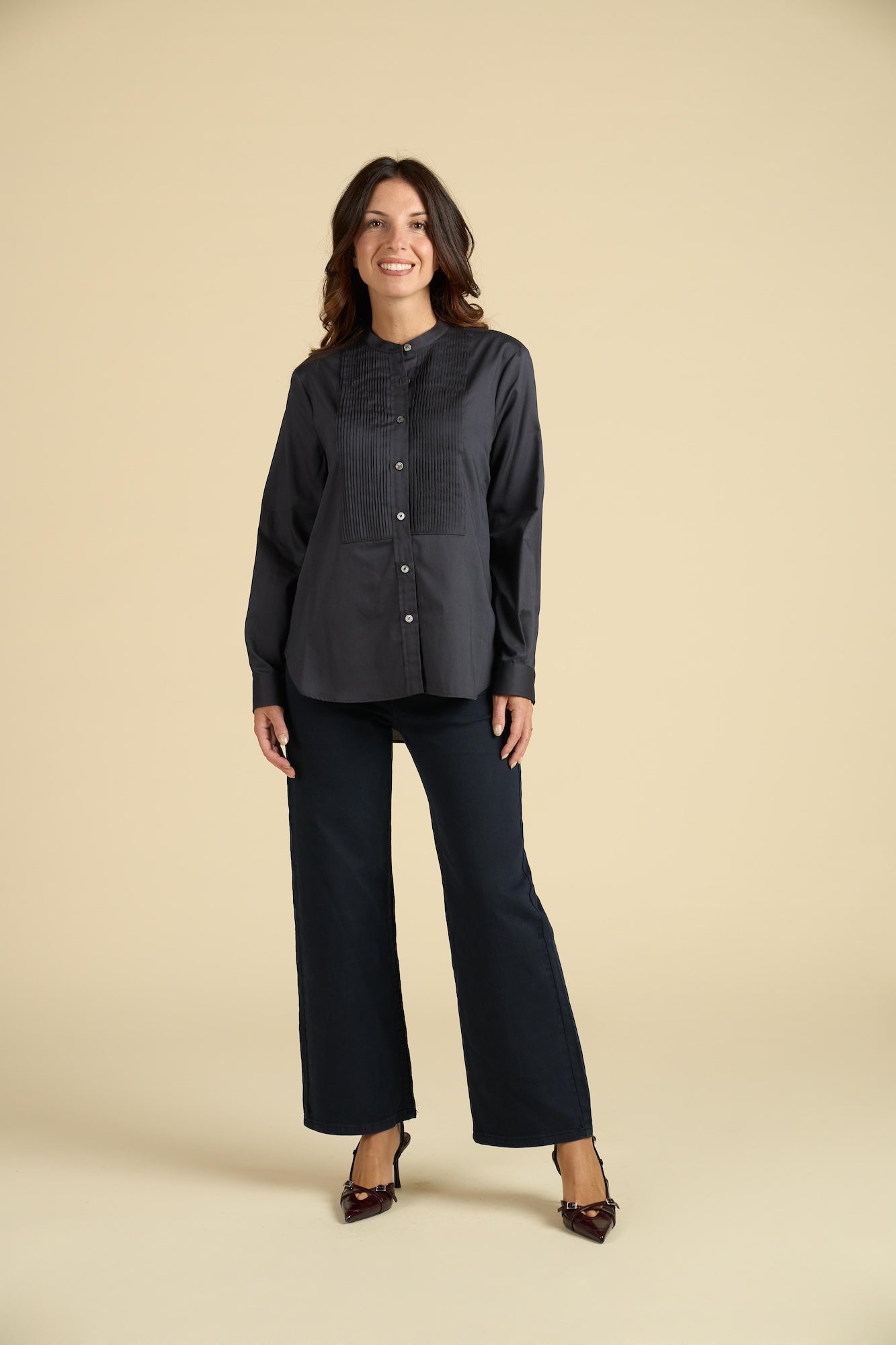 Camicia Chemisier con Plissé e Collo Coreana