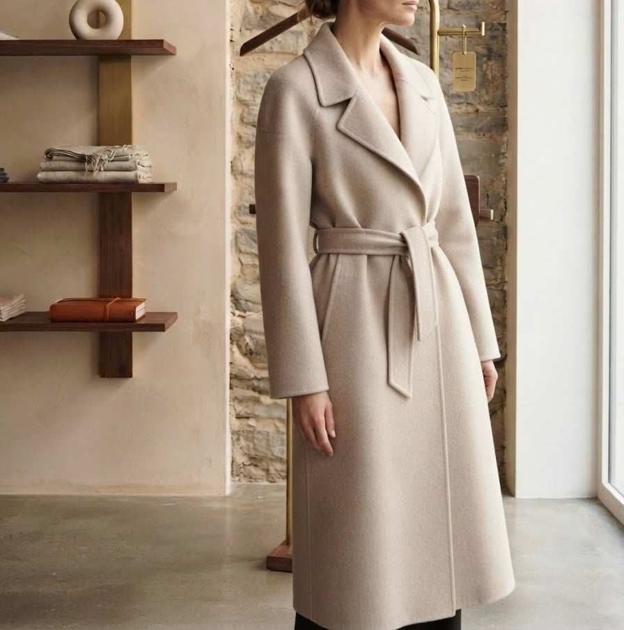 Cappotto lungo con cintura misto lana e cashmere