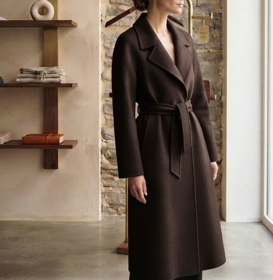 Cappotto lungo con cintura misto lana e cashmere